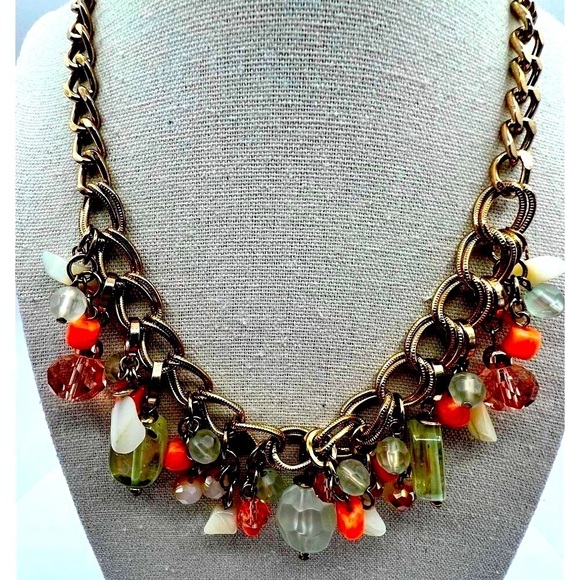 Chunky Gold  Tone Chain  Necklace W/ Colorful Beads & Charms   A48 - Picture 1 of 7